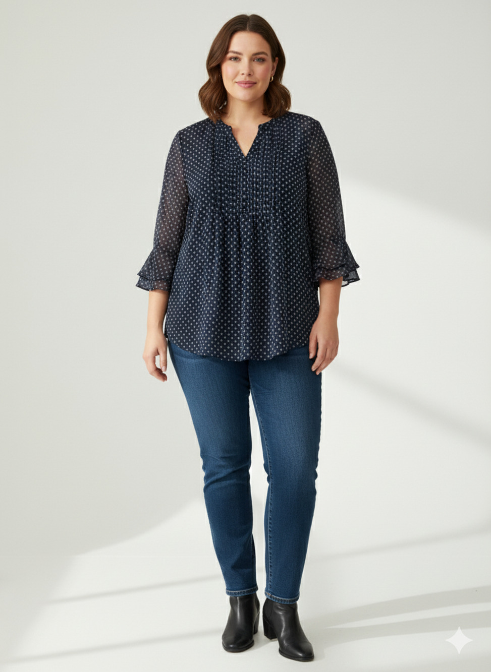 Women's Blue Flowy pintuck Flowy Blouse Tunic Ruffle bell sleeves feminine - L